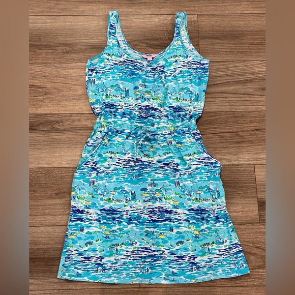 Lilly Pulitzer Kori Multicolor Blue High Tide Toile Sleeveless Cinch Waist Dress - Picture 2 of 9